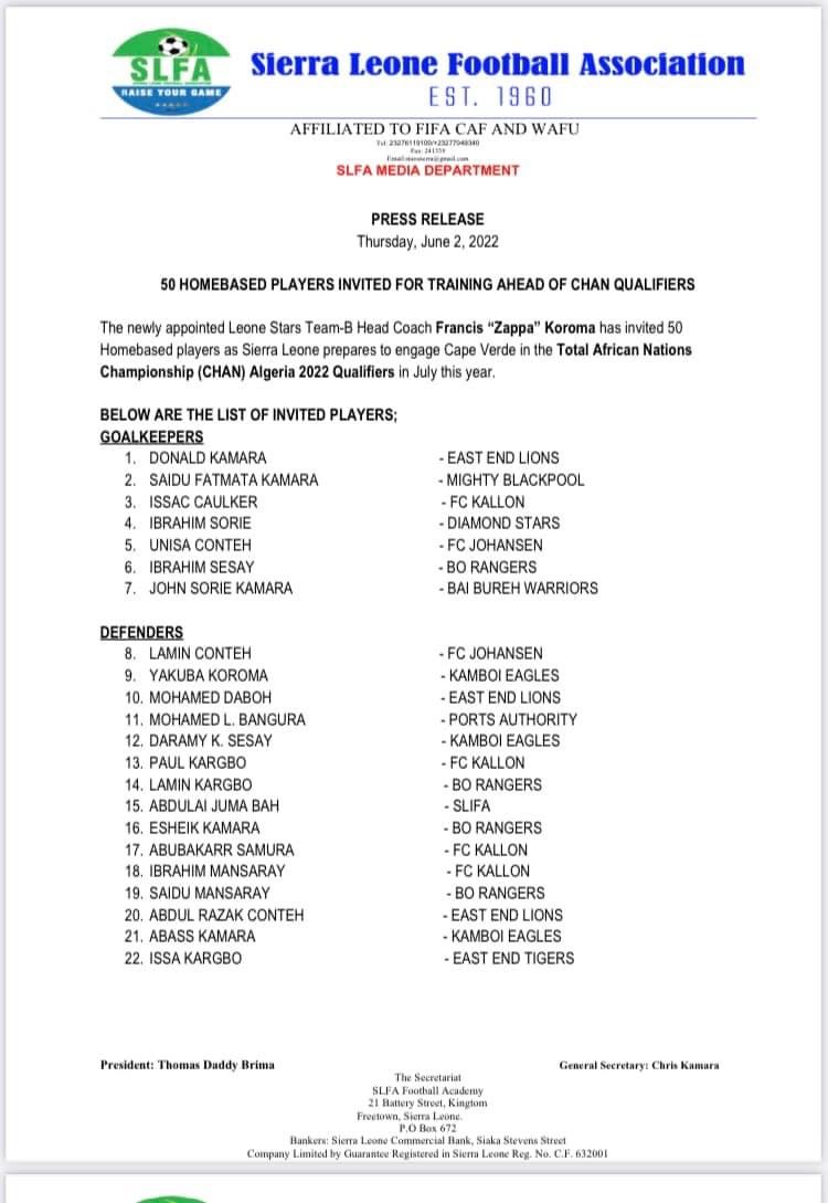 AfriRadioSL's tweet photo. The Head Coach of the Sierra Leone National Team B Francis Zappa Kamara has invited 50 Home Based Players to start training ahead of the CHAN qualifiers in July. Among the players invited are Musa Noah Kamara Top scorer in the SLPL &amp; Alie Conteh best young player. 
@SLFA_sl https://t.co/Jmgp1z3GSc
