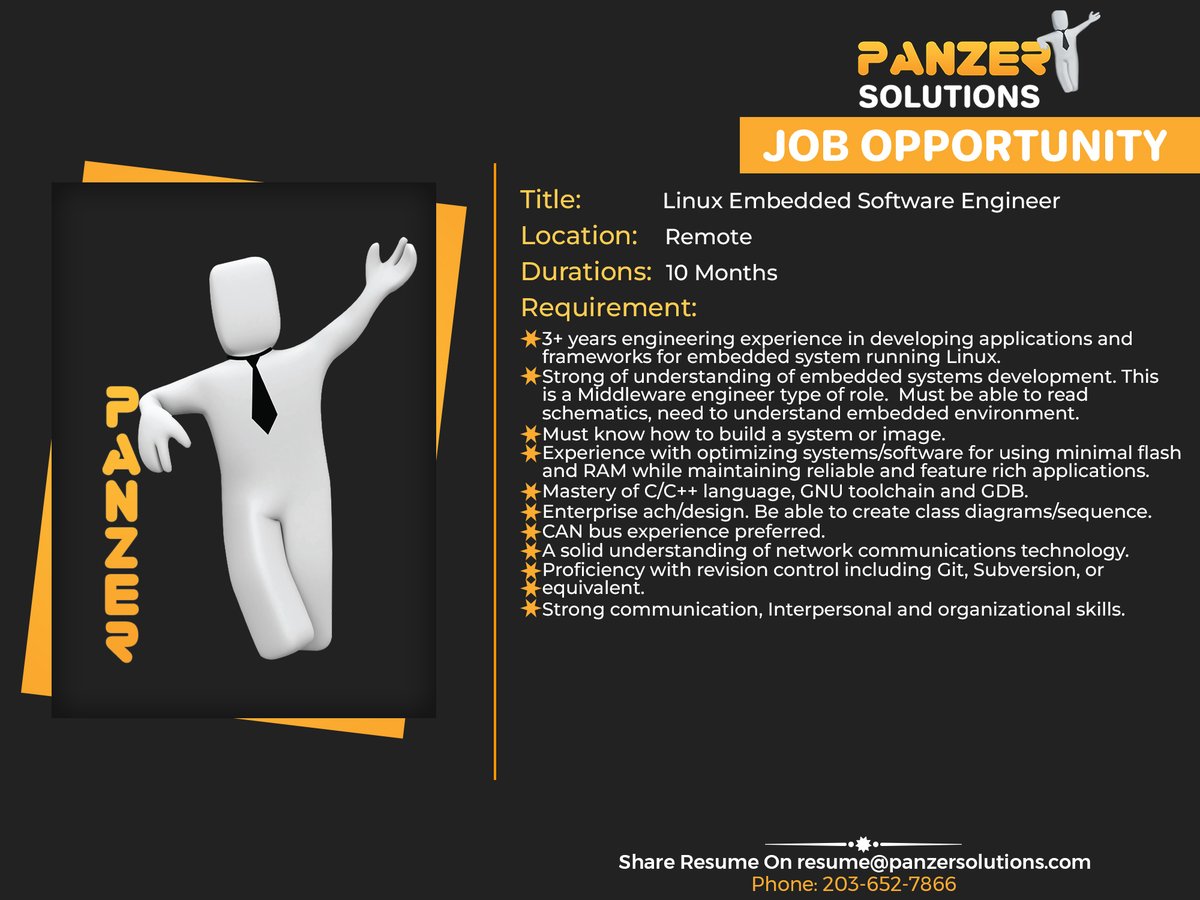 panzersolution's tweet image. Job Title: Linux Embedded Software Engineer
Location: Remote
Duration: 10 Months
Share resumes on resume@panzersolutions.com
Or for more info click on the below link
Click Here: panzersolutions.com
#PanzerSolutions #LinuxEmbedded #Linux #embedded #Software #Engineer #jobs