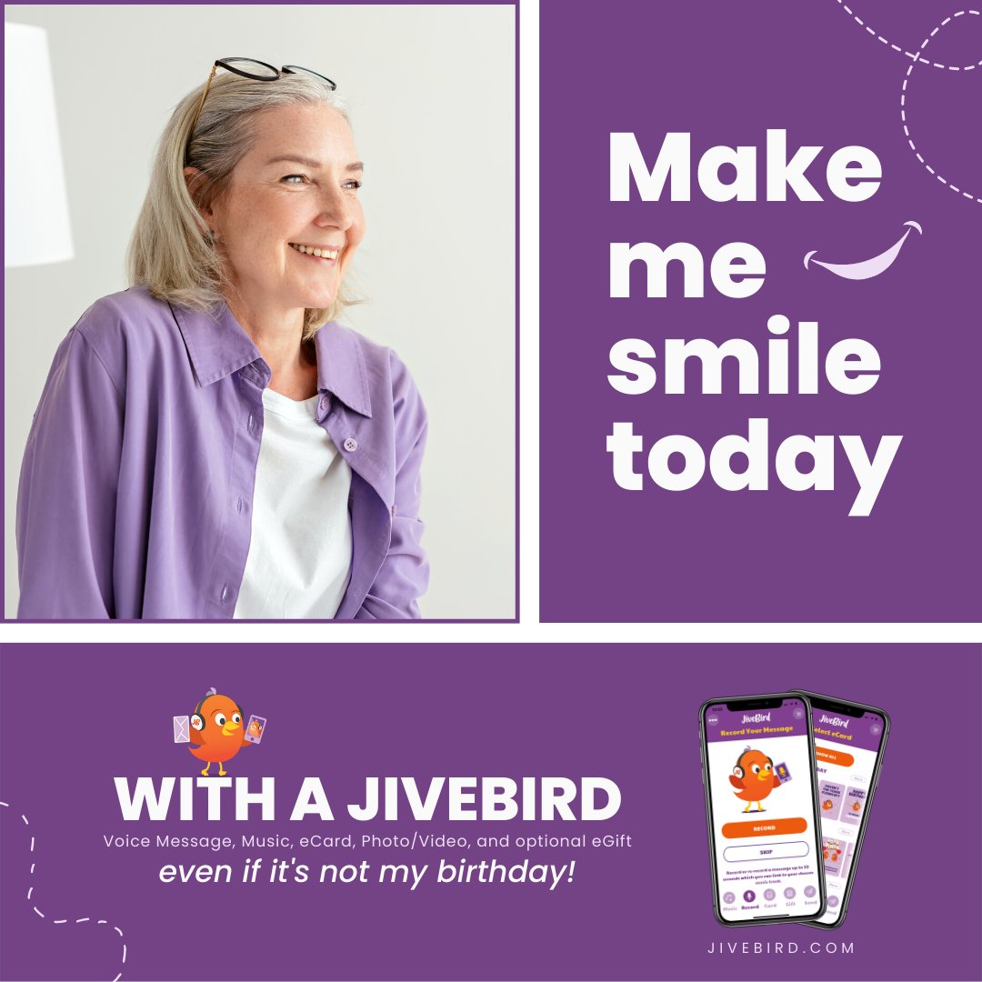 JiveBirdApp's tweet photo. What’s the best way to make someone smile? 😄 Grandma says JiveBird! 

With a Voice Message, Song, eCard, Photo/Video, and optional eGift Voucher all in one digital package, a JiveBird is guaranteed to be loved by all the family 🧡💜 https://t.co/N63J6jhI52
