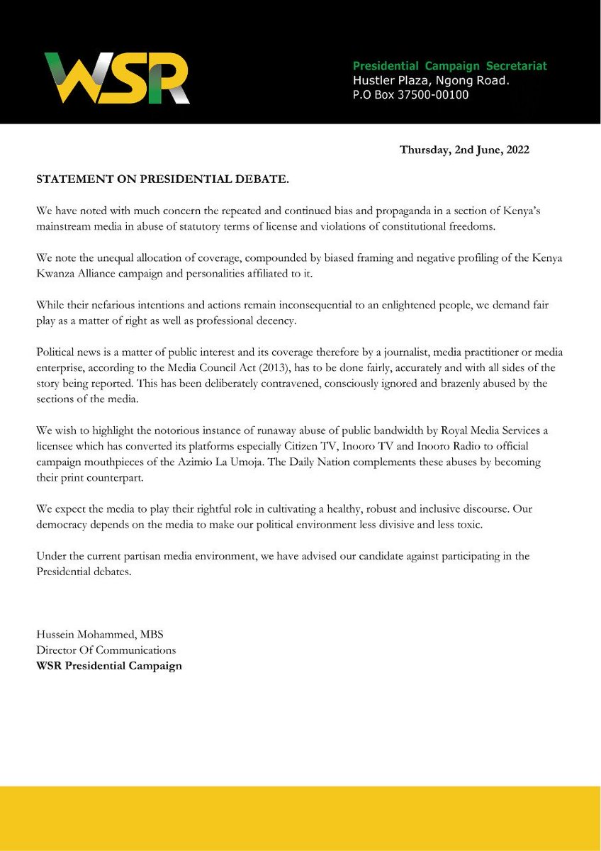 @WilliamsRuto through his spokesperson @HusseinMohamedg has said he will not attend #PresidentialDebate , this means who what he has been saying has no foundation and it's only propaganda. @RailaOdinga ensure you attend, Wajackoyah will emerge 2nd and became office #opposition