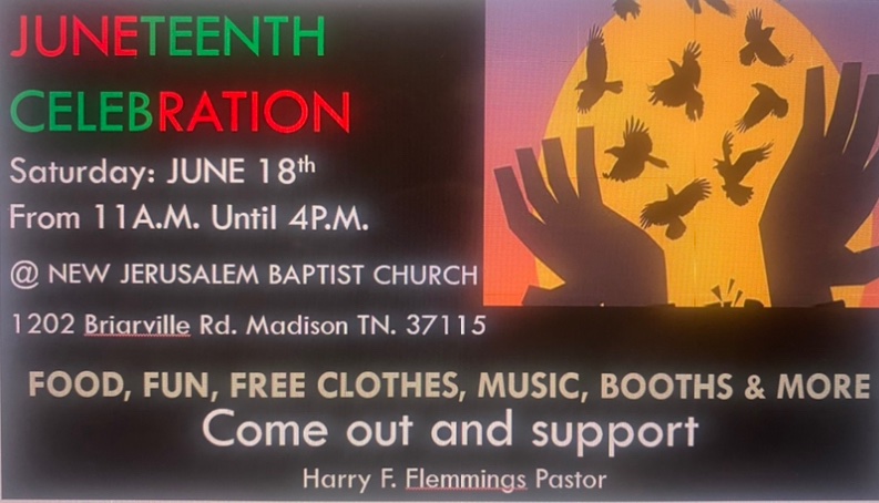 cdjay43's tweet image. Come out and enjoy a Juneteenth Celebration with New Jerusalem Baptist Church on Saturday, June 18, setup time is at 9am, Music starts at 11 AM till 4 PM             
come out and enjoy