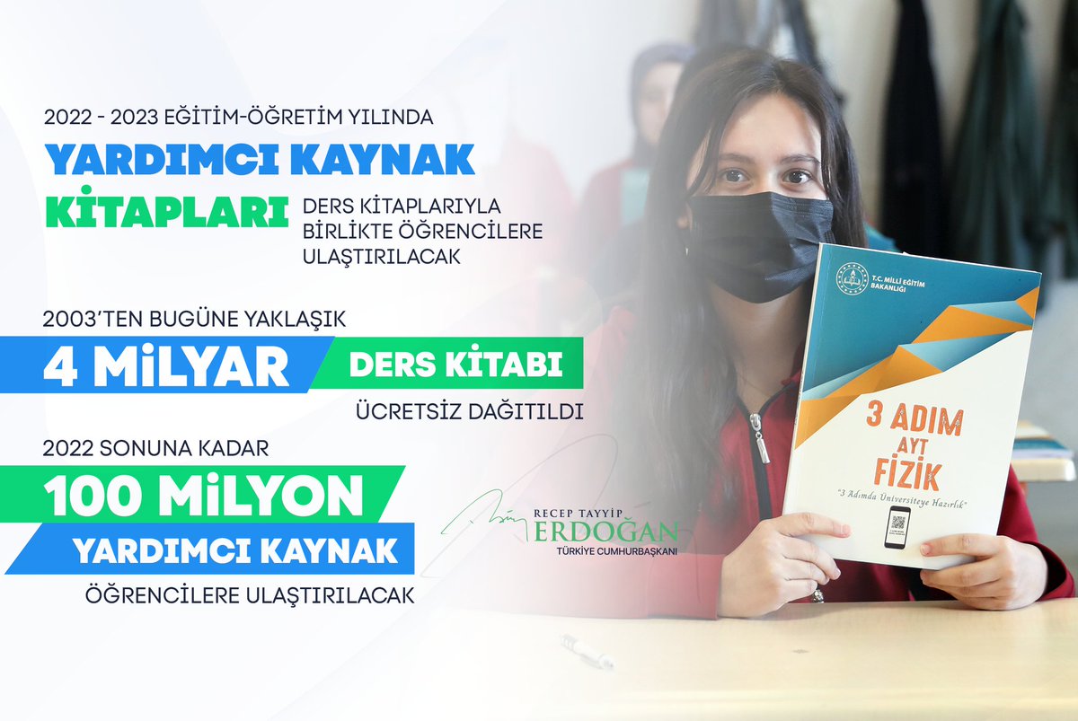 2003 yılından beri yaklaşık 4 milyar kitabı öğrencilerimize ücretsiz olarak verdik.

Artık ücretsiz dağıttığımız ders kitaplarıyla birlikte yardımcı kaynaklarımızı da öğrencilerimize ulaştırıyoruz.