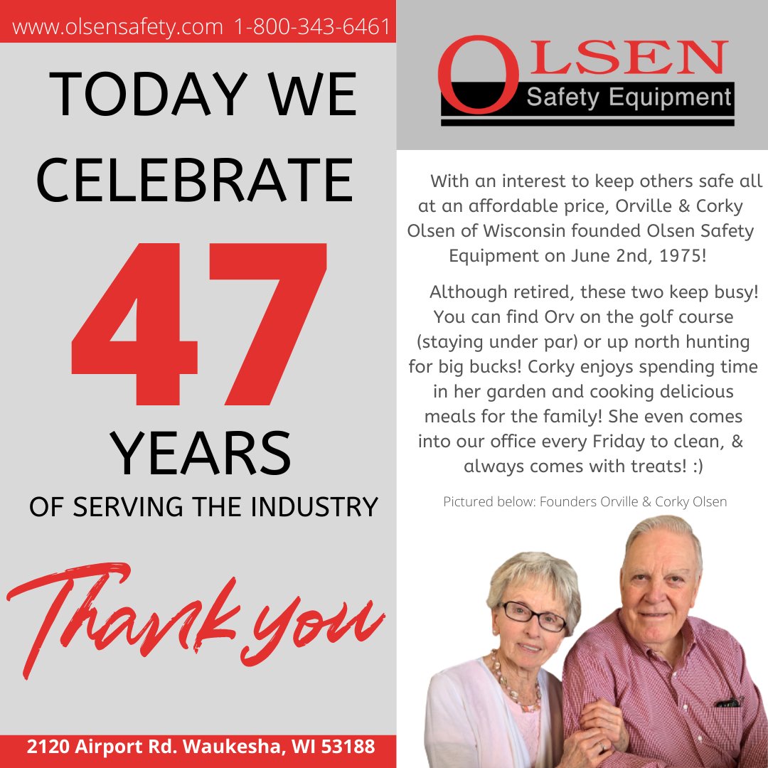 OlsenSafety's tweet photo. Cheers to 47 YEARS!!🥳❤️THANK YOU for allowing us to serve your team’s safety/PPE needs all this time &amp; cheers to many many more years!🥰 #YourSafetyIsOurBusiness

1-800-343-6461 | https://t.co/dvoMVi3Zpb | info@olsensafety.com

#Celebrate #47th #Anniversary #Grateful #Proud https://t.co/UOlsMlLlOk