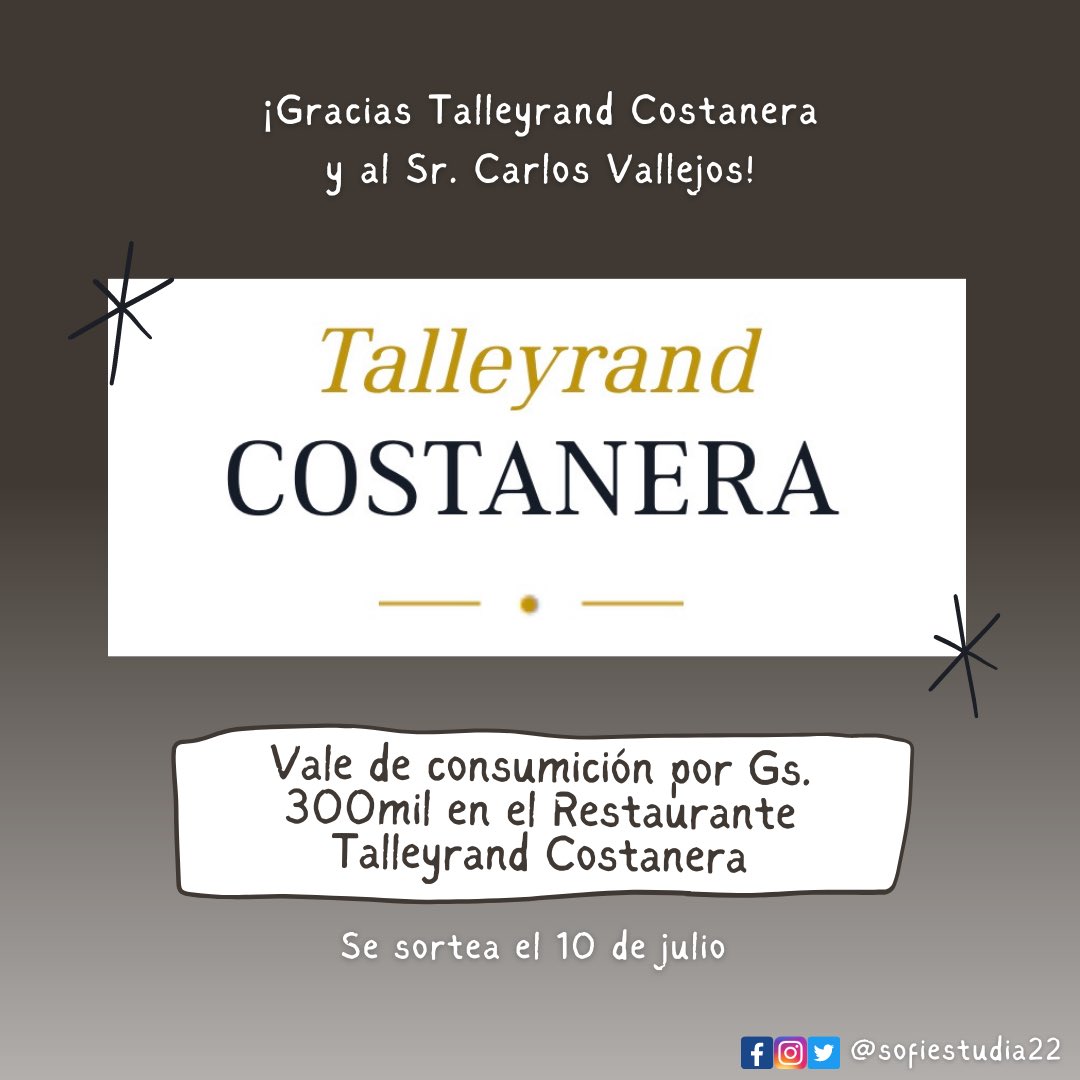 SofiEstudia22's tweet photo. Sorteamos un vale de consumición por el valor de 300mil Gs. en el Restaurante Talleyrand Costanera 🌟 ¡Muchas gracias al restaurante y al Señor Carlos Vallejos! https://t.co/WUah8QAzs0