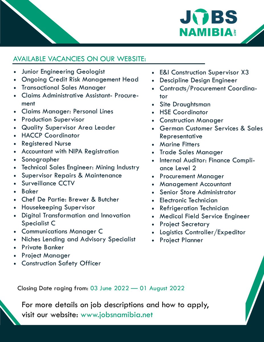jobs_namibia's tweet photo. We just uploaded around 40+ opening vacancies on our website: https://t.co/EWroMuRStX

Closing Date Ranging from: 03 June 2022 - 01 August 2022

For More Details on Job Descriptions and How to Apply, visit: https://t.co/EWroMuRStX
 
Share

#Vacancies #jobs #jobsinnamibia #vacancy https://t.co/dz68Bo06Cc