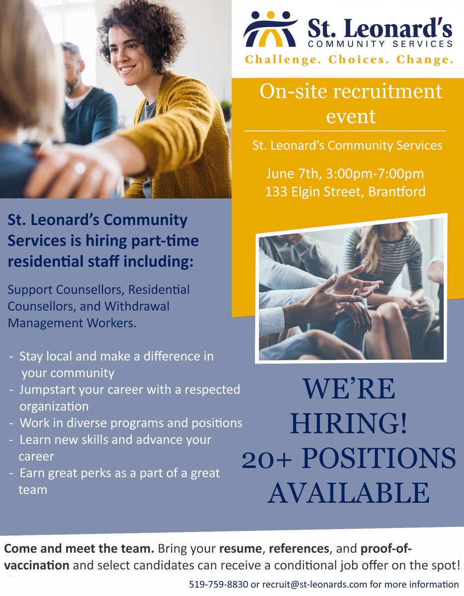 Join our team! St. Leonard’s Community Services has 20+ open positions to fill. st-leonards.com/announcement/s… We’re holding a job fair next Tuesday (June 7th) at 133 Elgin Street in Brantford from 3:00-7:00pm. Come by and meet the team, and maybe land a job offer on the spot!