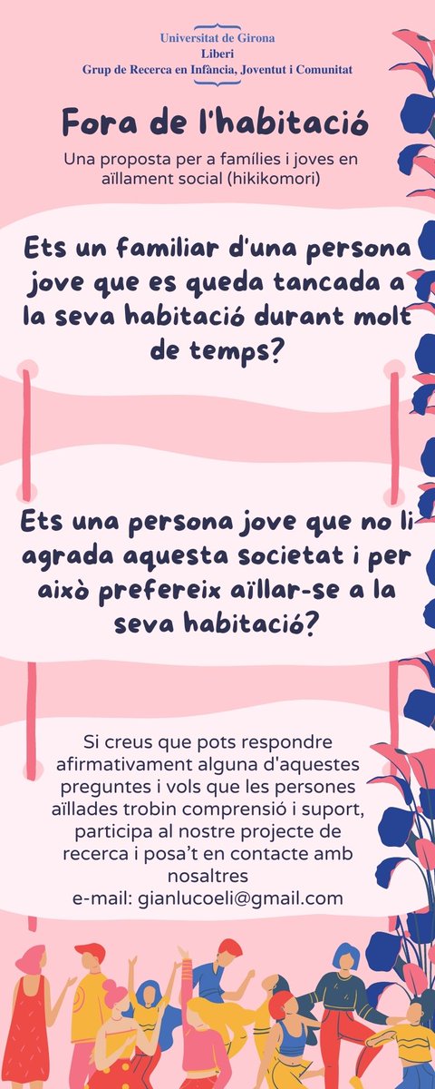 Gianluca Coeli (@gianlucacoeli) on Twitter photo Ets un familiar d'una persona jove #hikikomori?
Ets una persona jove que no li agrada aquesta societat i per això prefereix aïllar-se a la seva habitació?
Participa al nostre projecte de recerca i posa’t en contacte amb nosaltres.
e-mail: gianlucoeli@gmail.com (UdG)
RT Ets un familiar d'una persona jove #hikikomori?
Ets una persona jove que no li agrada aquesta societat i per això prefereix aïllar-se a la seva habitació?
Participa al nostre projecte de recerca i posa’t en contacte amb nosaltres.
e-mail: gianlucoeli@gmail.com (UdG)
RT