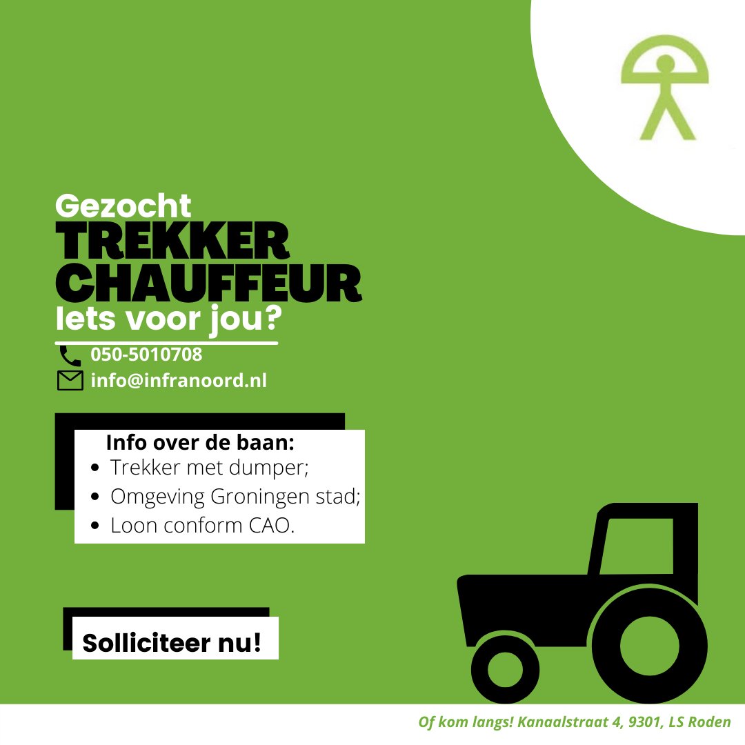 Per direct gezocht! Wij zoeken een trekker chauffeur die kan rijden met een dumper. Ben jij geschikt voor deze baan? Stuur ons een
DM of bel ons op 050-5010708 en wij nemen zo snel mogelijk contact met je op!

#vacature #Groningen