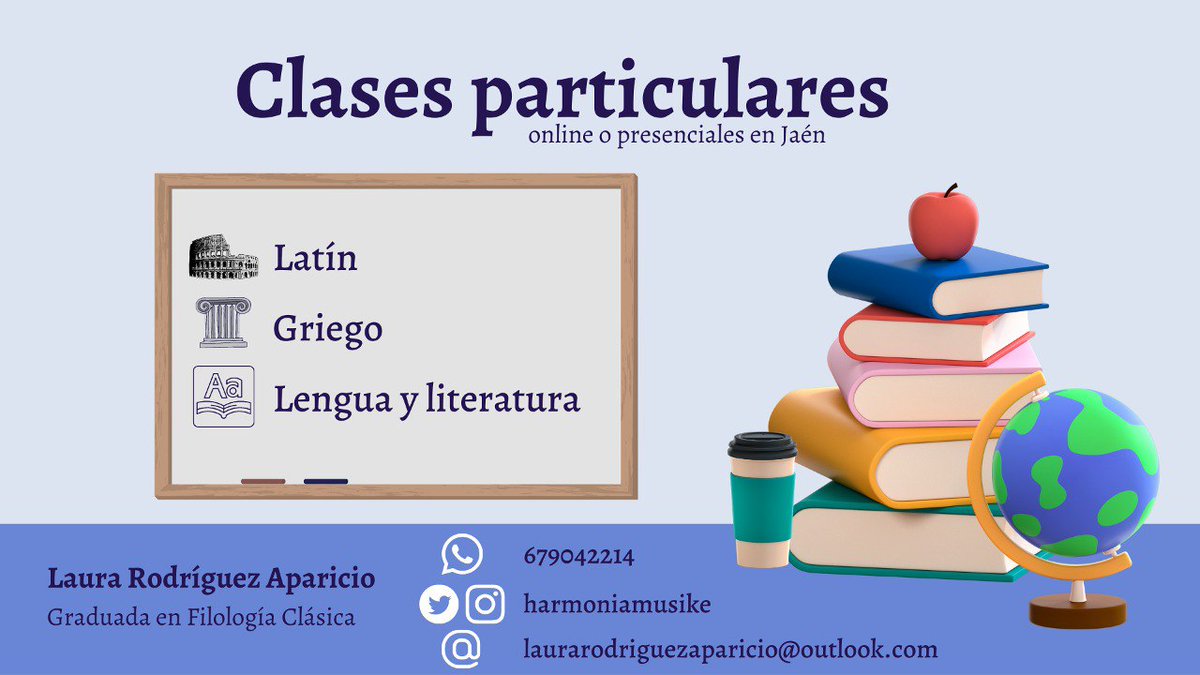 harmoniamusike's tweet photo. ¡Hola!

Soy graduada en Filología Clásica y doy clases particulares de latín, griego y lengua castellana y literatura para todos los niveles 🏛️📚. Online y presenciales en Jaén. Preguntad sin compromiso.

Agradecería la difusión de estos memillos 😌 https://t.co/0aOtYF65w2