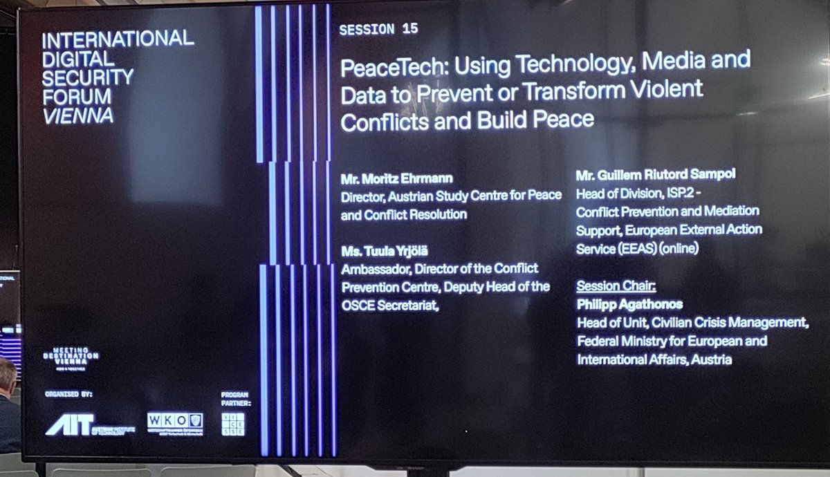 anttihaikiosm's tweet photo. #PeaceTech in service of good & growing needs. Modern crises are data-driven. In panel Amb Tuula Yrjölä @OSCE @guillemriutord @eu_eeas @EhrmannMoritz @ASPR_Schlaining moderated by Philipp Agathonos @MFA_Austria in #IDSF22 🇦🇹 - forum of #digital #Security @coe_civ @HelmutLeopold1 https://t.co/CMzbFQw2cB