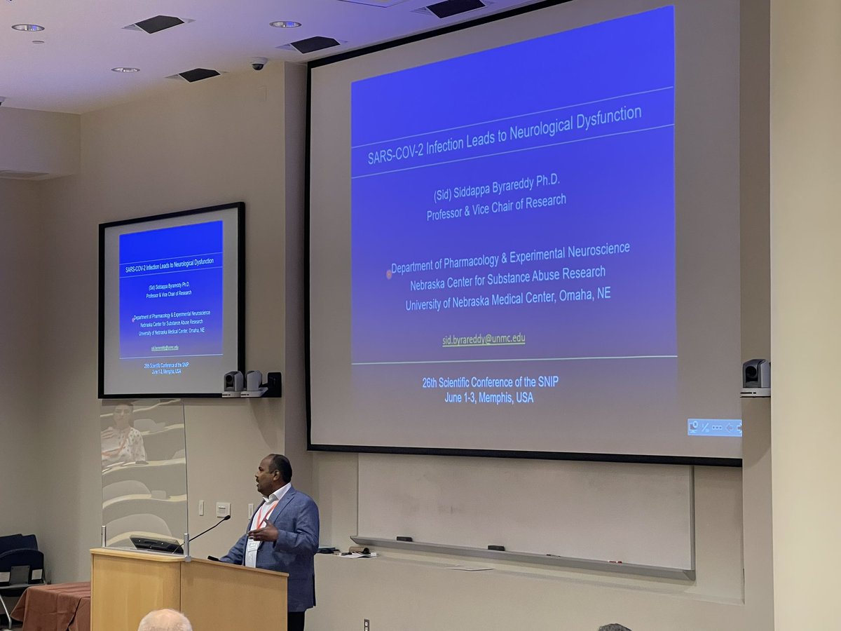 DougMeigs's tweet photo. Dr. Siddappa Byrareddy, @unmc professor, just stepped to the podium to present “SARS-CoV-2 Infection Leads to Neurological Dysfunction.” https://t.co/M8FcNZhkq3