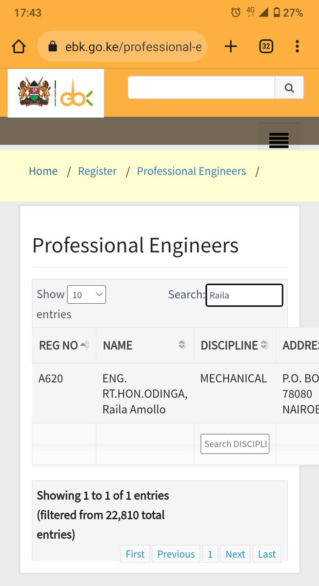 GovernorRAO's tweet photo. @Aaroncheruiyot This is him, listed as a Professional Engineer in the website of the Engineers Board of Kenya. You cannot be a Professional Engineer in Kenya without a Degree Certificate. https://t.co/FqeShjpoI0