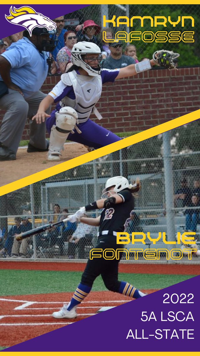 Congratulations to Kamryn LaFosse (catcher) &amp; Brylie Fontenot (infield) for being selected to
the 2022 Coaches Association 5A All-State team! Great iob ladies!

#GoBigSam
💜🥎