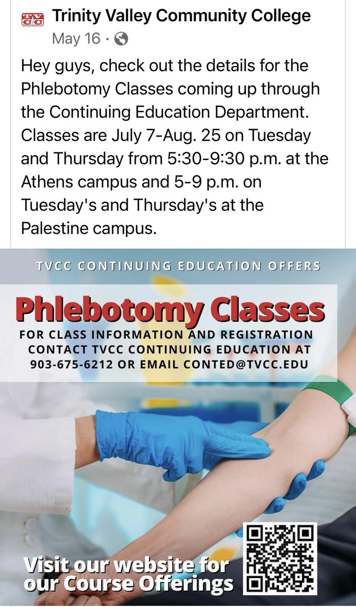 lengel1010's tweet photo. Amazing TVCC opportunity- 2 semesters of work in a fast track summer course. Earn a National Phlebotomy Certification! Contact them today for admissions process. https://t.co/bo0I0mo3IK