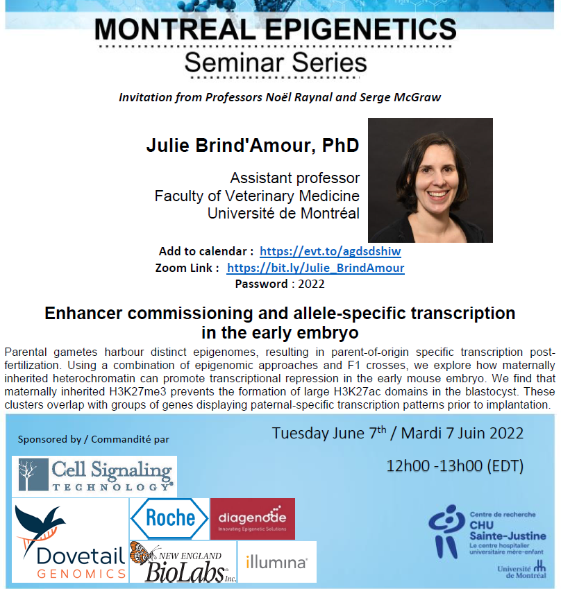 Next @ Montreal #Epigenetics Seminar Series
📅Tuesday April 26, 12pm(EDT) evt.to/agdsdshiw
🎙️Dr Julie Brind’Amour <a href="/J_BrindAmour/">Julie Brind'Amour</a> <a href="/UMontreal/">Université de Montréal</a>
💻bit.ly/Julie_BrindAmo…
Supported by <a href="/CellSignal/">Cell Signaling Technology</a> <a href="/NEBiolabs/">New England Biolabs</a> <a href="/Diagenode/">Hologic Diagenode</a> <a href="/RocheCanada/">Roche Canada</a> <a href="/illumina/">Illumina</a> <a href="/DTGenomics/">Dovetail Genomics</a>
All are welcome. Please RT
