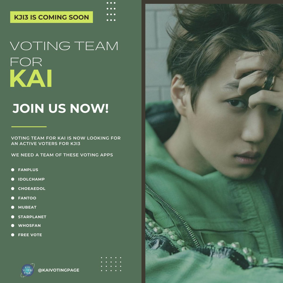 [ANNOUNCEMENT] 📢 In preparation for KJI3, we still need active voters! If you are interested, please contact us right away. Come on join us now! 🔥 #KAI #카이 #엑소카이 @weareoneEXO