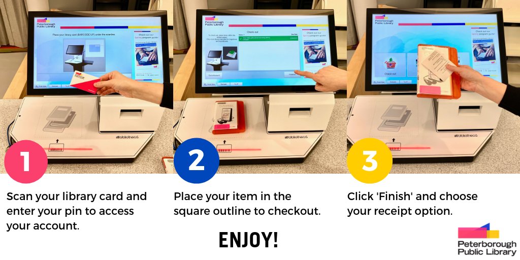 ptbolibrary's tweet photo. Our self check-out machines are a quick and fun way to pick up your #ptboLibrary books and they're as easy as 1, 2, 3:
 
1. scan 💳 
2. place 📚
3. finish 👆 

Do you use the self check-out machines or do you come to the desk? https://t.co/EmOJoAAI1x