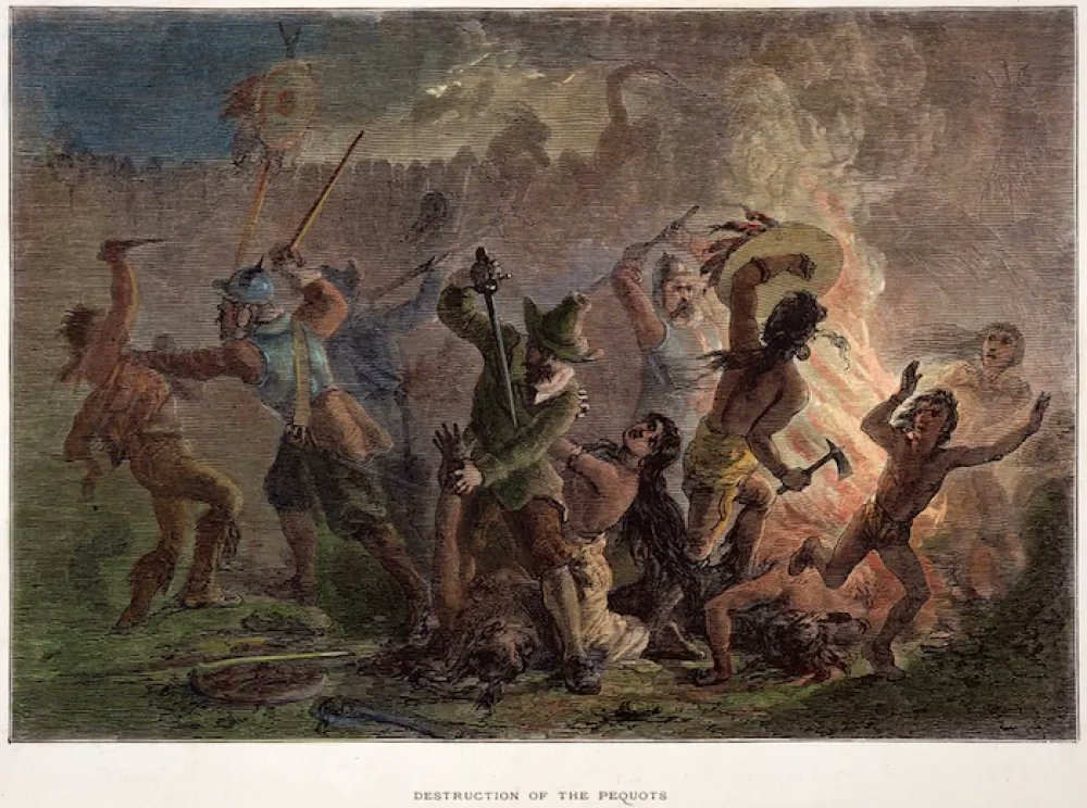IndianAffairs's tweet photo. May 26th, 385 years ago, the Pequot Tribe was devastated by an attack instigated by English Puritans and their Native allies. This massacre was one of the many attacks during a 3-year war. Read more: https://t.co/fELDjd4LAr
#RelativesBack #AncestorsBack #LandBack #EverythingBack https://t.co/YC2zZlTtKE