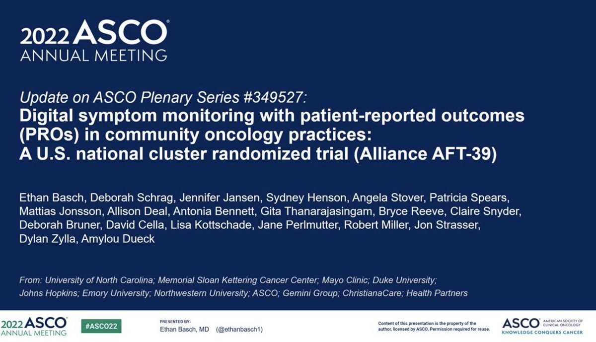 Excited to present at #ASCO22, the PRO-TECT multicenter randomized trial of a PRO digital tool for symptom monitoring in US oncology practices, with simultaneous publication in JAMA @JAMA_current, in the ASCO Plenary Series update session, 6/5/22 5:30pm EDT. @ALLIANCE_org @PCORI