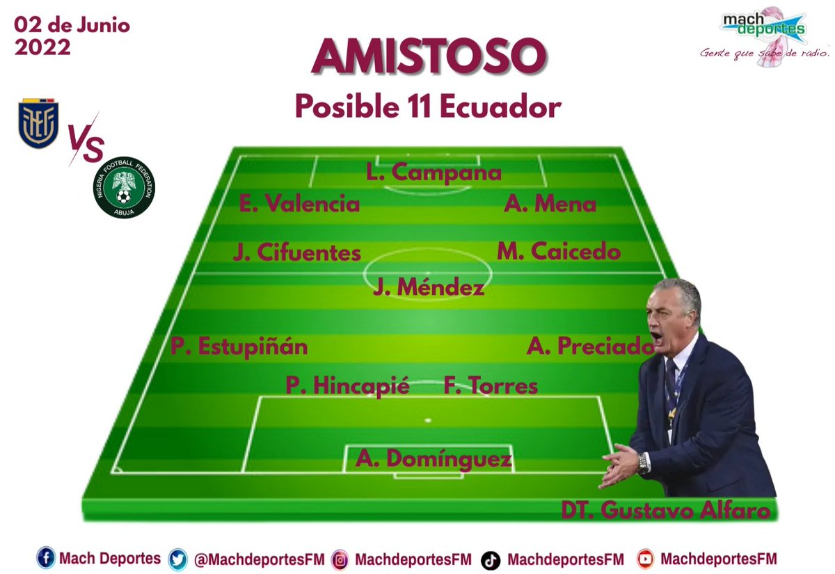 MachdeportesFM's tweet photo. #MachTeInforma | Ecuador 🇪🇨 se prepara para lo que será su participación en el mundial de Qatar 🇶🇦 2022. Y este es el probable 1⃣1️⃣ que usará Gustavo Alfaro para enfrentar a Nigeria 🇳🇬.
¿Qué les parece este 11? 🤔
🤳 #LaDinastíaContinúa https://t.co/r6mjG11eUL