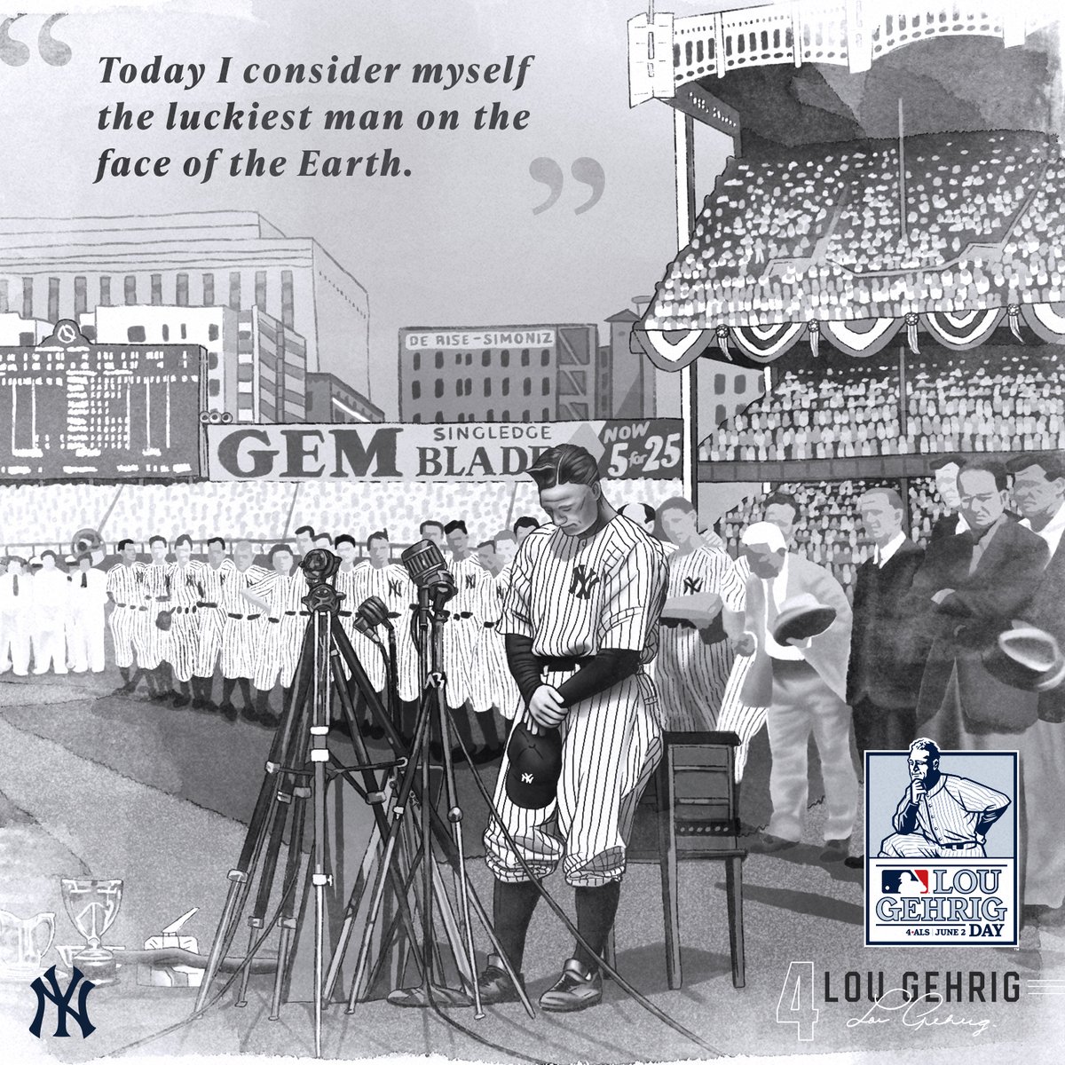Yankees's tweet photo. Today we honor the life and legacy of The Iron Horse and continue the fight against ALS. #LouGehrigDay 

To donate, visit https://t.co/geXPo7bMaN https://t.co/UGeT9xlT15