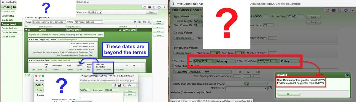 Any <a href="/Skyward_Inc/">Skyward</a> scheduling experts out there know how to get a class control set to be able to be created outside of the end date of a grading period? We have a school that can (left) and a school that can't (right).