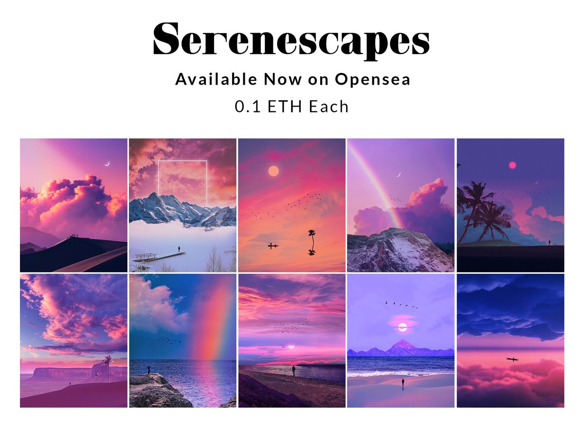My new 1/1 collection ‘Serenescapes’ is available now! 

Another vibrant collection of serene landscapes, exploring themes of tranquility, adventure and self-reflection 🌙☁️

All minted on my own contract ✍🏻 Available now on Opensea
0.1 ETH Each 

Link Below 👇