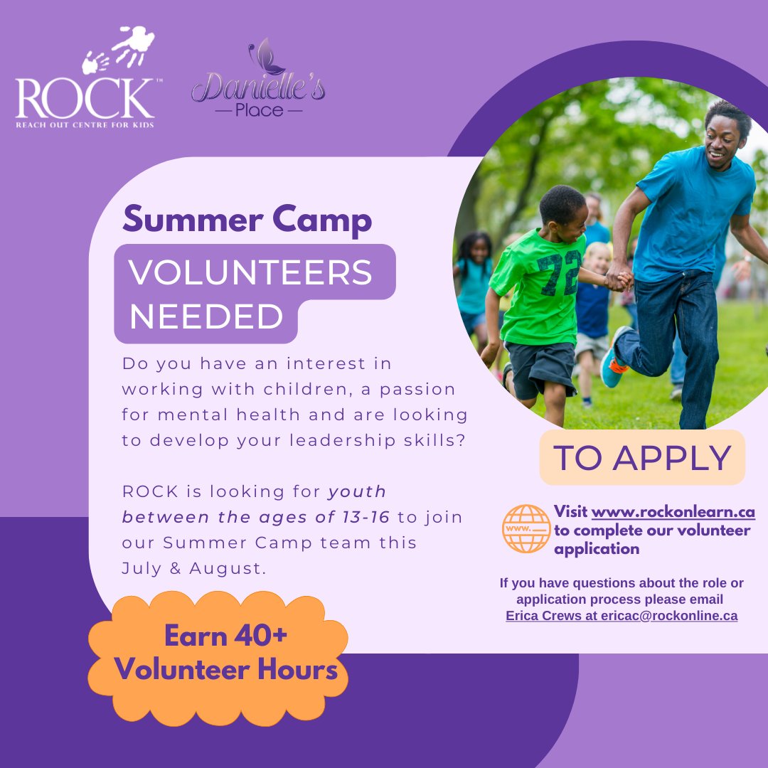 Exciting Volunteer Opportunity for teens ages 13-16 this Summer! Earn your 40 hours in one week by joining ROCK's Summer Camp Team as a LIT! Lots of spots are still available - to apply please visit the following link  rockonlearn.ca/volunteering-w…