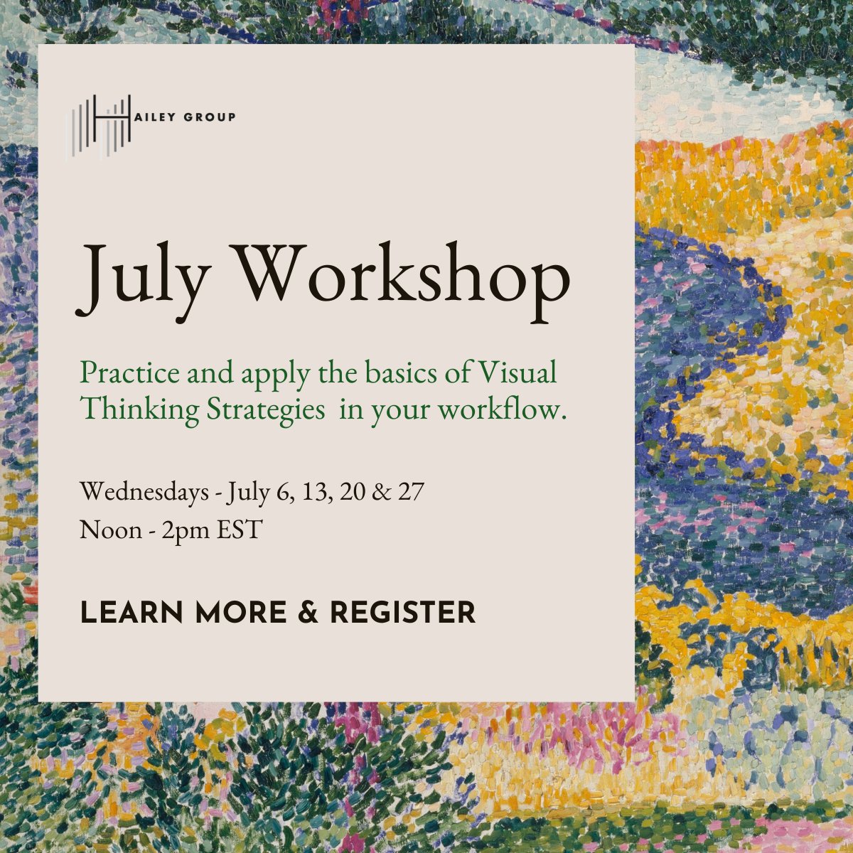 Join our VTS@Work Basics weekly workshop in July via Zoom. See website for details: haileygroup.com/vtsbasics

Image: Detail of Henry Cross, Valley Fir (Shade on the Mountain) 1909, Metropolitan Museum of Art

#vtsatwork #leadership #facilitation #education #professionaldevelopment
