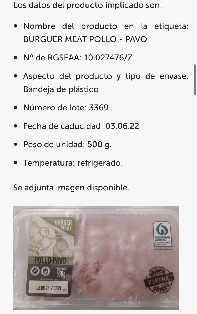 🚨 Alerta 🚨 
Alerta por presencia de Salmonella en Carne Picada de Ave (Burguer Meat) procedente de España
Distribuida por Lidl.
Aquí van los lotes.
NO hay noticia de casos afectados de momento.
Enlace: aesan.gob.es/AECOSAN/web/se…