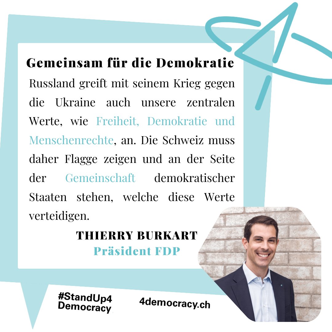 "Die Schweiz muss daher Flagge zeigen und an der Seite der Gemeinschaft demokratischer Staaten stehen, welche diese Werte verteidigen" <a href="/ThierryBurkart/">Thierry Burkart</a>

Welche #Werte sind dir in einer #Demokratie wichtig? Sag es uns unter #StandUp4Democracy und tagge <a href="/up4democracy/">#StandUp4Democracy</a>