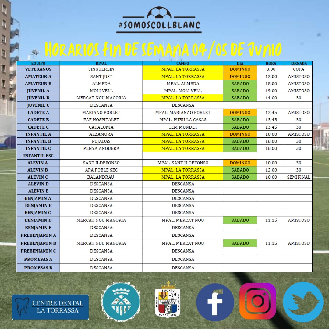 [🕐HORARIOS PARTIDOS FIN DE SEMANA 🗓️ 04/05 DE JUNIO]

¡Suerte a todos!

@centro_dental_la_torrassa #patrocinadoroficial #somoscollblanc