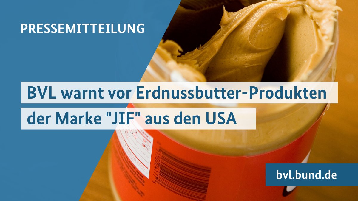 BVL_Bund's tweet photo. ⚠️ Warnung vor #Erdnussbutter der Marke "JIF" aus den USA: Möglicher Zusammenhang mit #Salmonellen-Infektionen. Die Produkte wurden nicht erkenntlich in Deutschland verkauft, Verbraucher könnten diese jedoch online oder in anderen Ländern erworben haben.
🔗https://t.co/vFmfjWdixm https://t.co/llV4uA348p