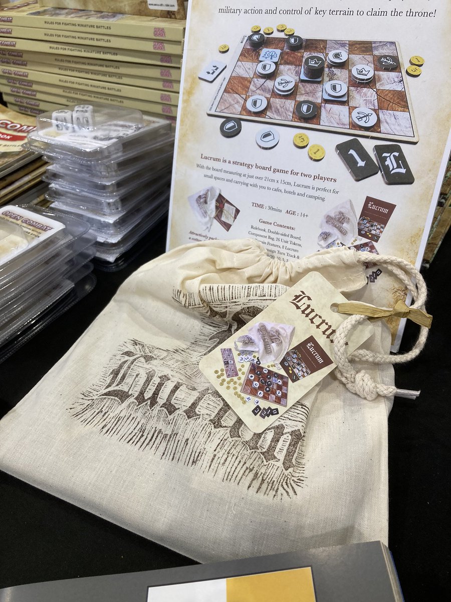 I’m at stand 1-1036 in Hall 1. Simply walk on down Warhammer Avenue, take a right at Stafford Street and you’ll see me from there on (Mythic Avenue)! 

Lucrum strategy board game joins Open Combat for sale at the show!