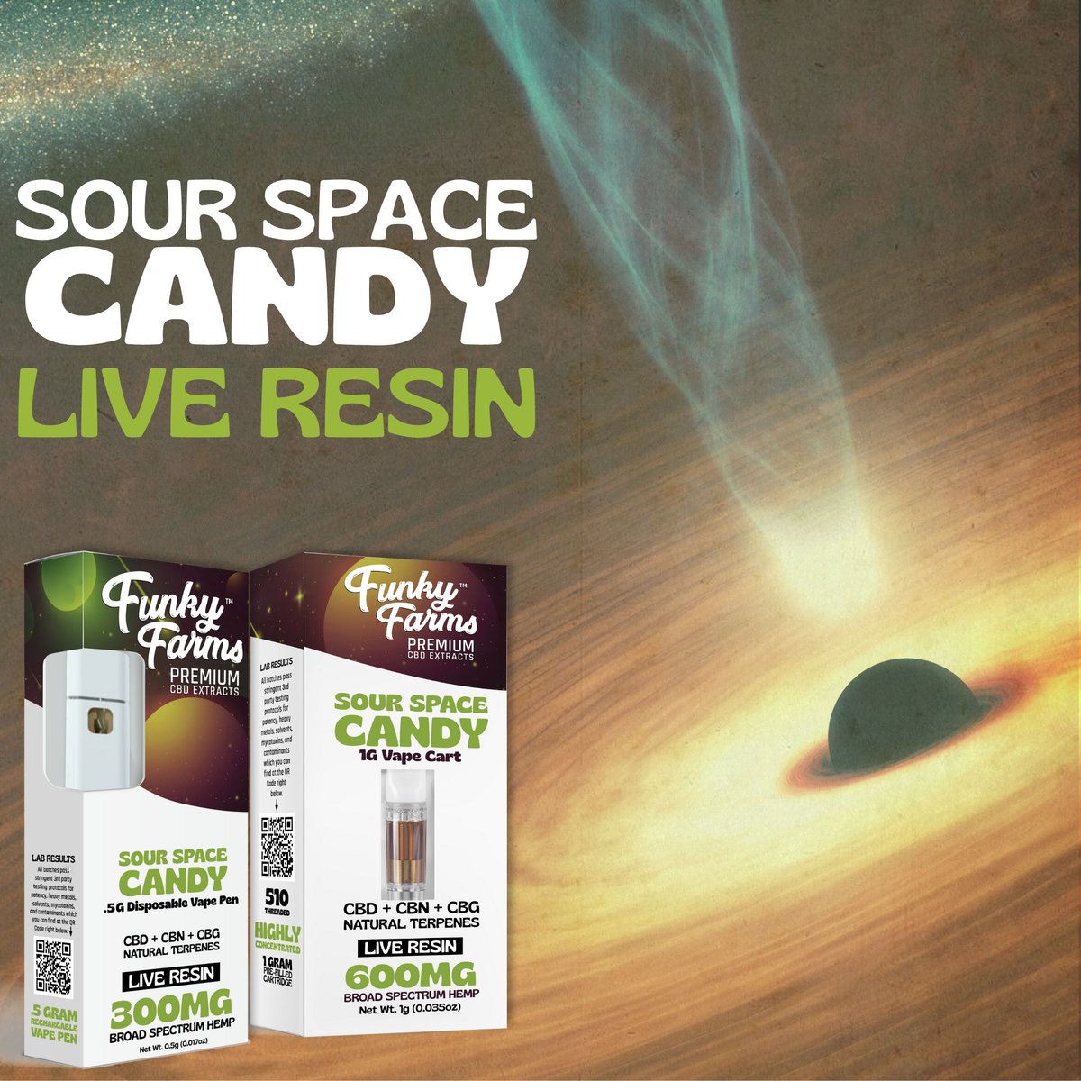 Surf the stars, with our new profile that's out of this FUNK'N world! Sour Space Candy with Live Resin available in 300mg both &amp; 600mg!

#cbd #hemp #vape #funkyfarms #nojunkallfunk #cbdlife #vapelife #cbdoil #cbdhealth #cbdproducts #cbdlife  #cbdheals #cbdcommunity #cbdbenefits