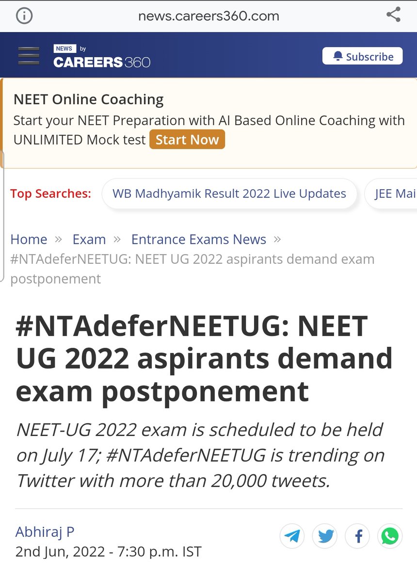 NUSA_NEETUG's tweet photo. Careers360 News has published a detailed report on the demand for postponement of NEET-UG. Requesting Authorities to take a decision &amp; give us some relief. 

@careers360 @ndtv @ndtveducation @aajtak @ZeeNews @dna @TimesNow 

#NTAdeferNEETUG https://t.co/sQRxJttoKc