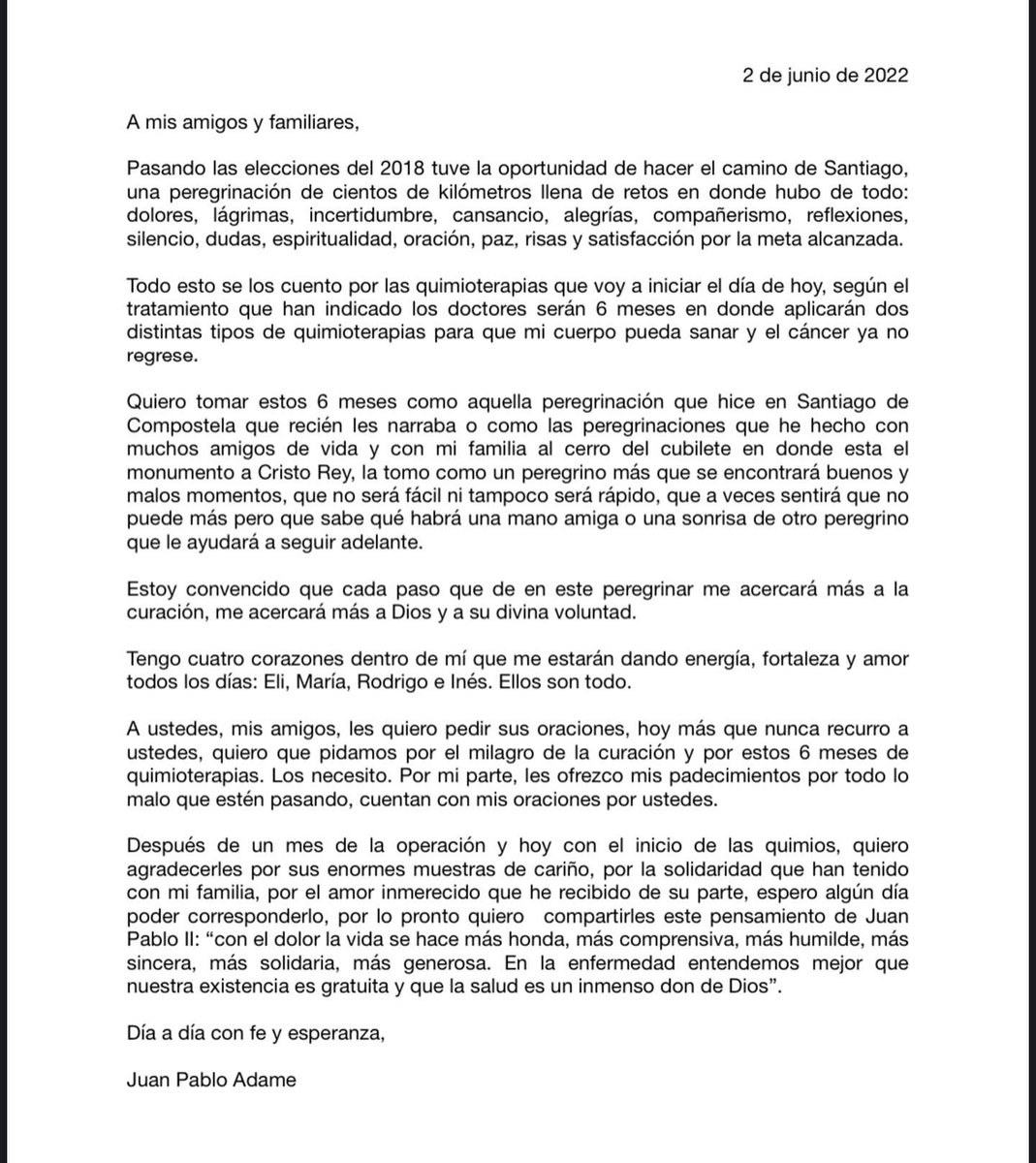 JuanPabloAdame's tweet photo. Actualización sobre mi estado de salud: https://t.co/ZZHLs3UtkG