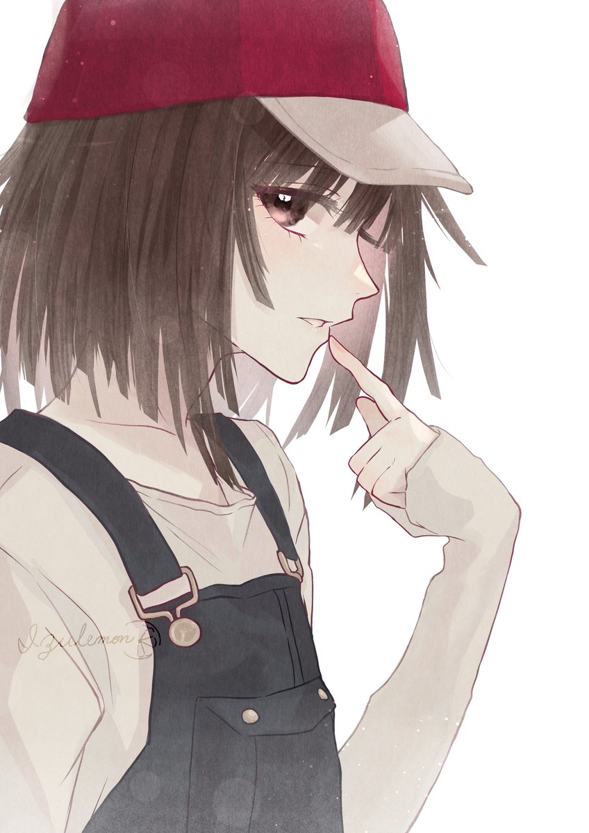 sengoku nadeko 1girl overalls solo hat brown hair brown eyes white background  illustration images