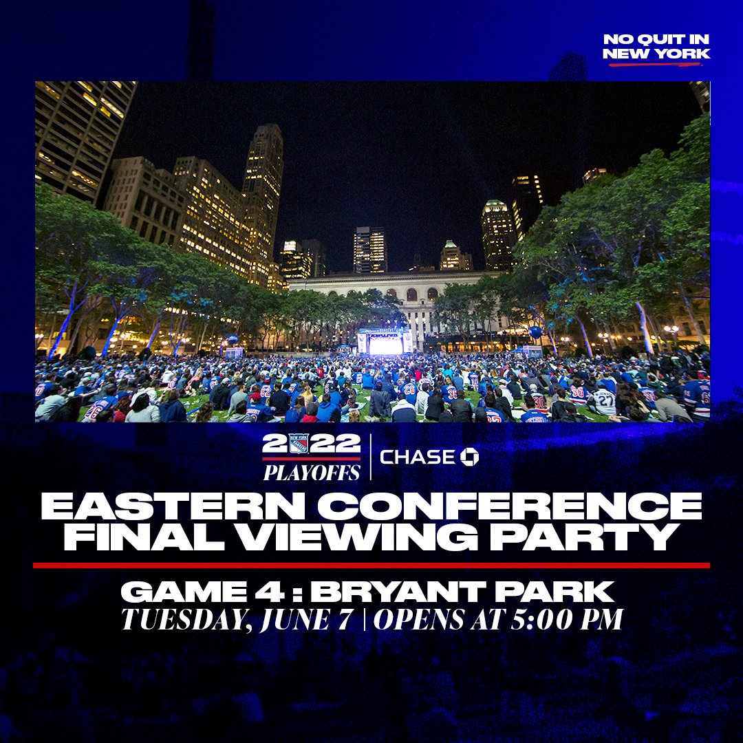 NYRangers's tweet photo. WE'RE COMING BACK TO BRYANT PARK. 

See you for our Game 4 Viewing Party pres. by @Chase on Tuesday, June 7 at 5 PM. Register now: https://t.co/HDtdWR3b07 https://t.co/g6pnSgmXNz