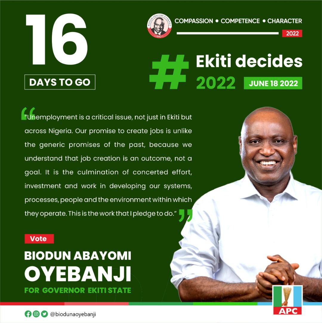 7Olusegun's tweet photo. Counting down to #EkitiDecides2022.
16 Days to go. 16 days to elect BAO for #ProgressContinuity.
All votes for BAO
Vote Hon @biodunaoyebanji For Governor Ekiti State
#All4BAO https://t.co/bPaGtM6KeX