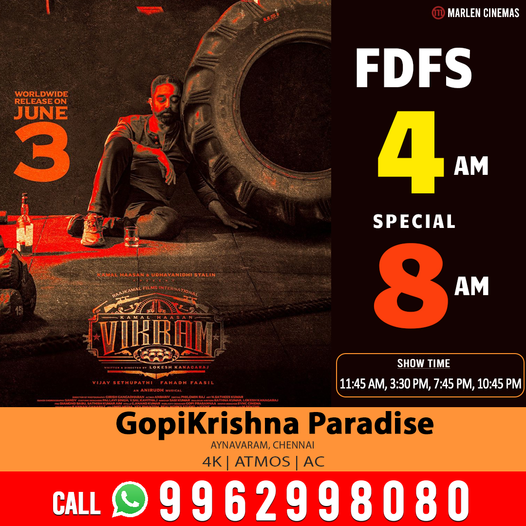 Marlencinemas's tweet photo. online booking started..
Kamal Haasan's #vikram releasing from June 3rd at #GopiKrishnaComplex . #VikramMovie #KamalHaasan #VijaySethupathi #FahadhFaasil #VikramFromJune3 #Suriya
Show time 11:30 am,2:30 ,7:00 & 10 PM daily. #gkmarlencinemas https://t.co/DkWxf2FBK4