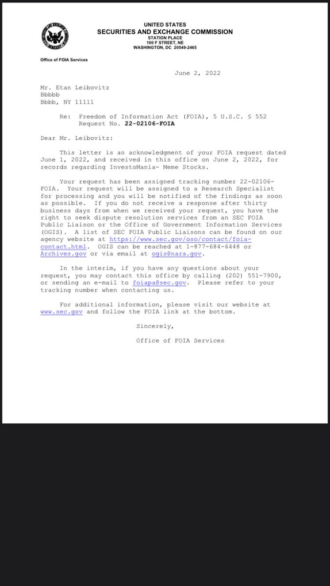 etanleibovitz18's tweet photo. So now the SEC has 30 days to respond to my FOIA request (The amount of money it cost to produce the InvestoMania- Meme Stock Video -May 31,2022 and all relevant documents).  Once again will keep you guys posted. #AMC https://t.co/x5mRlhDqhK