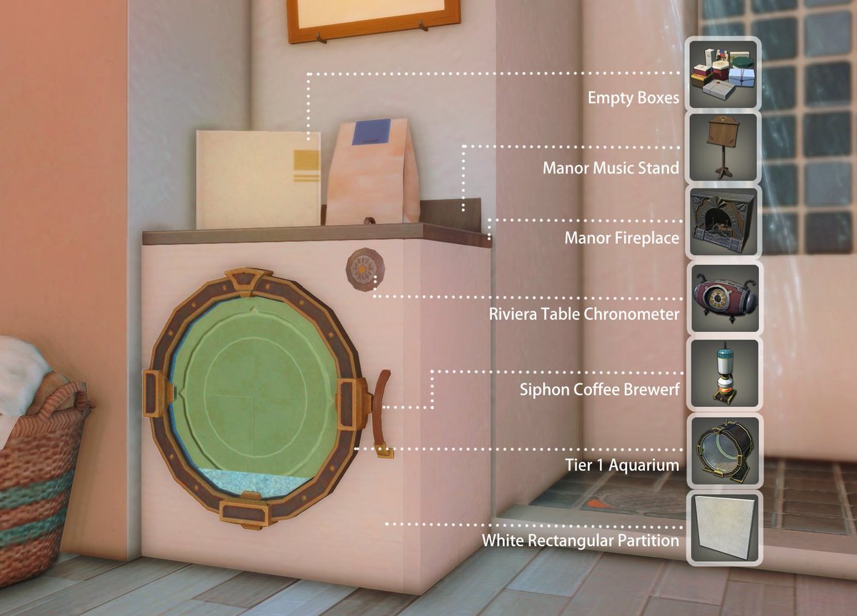 aironoe's tweet photo. my take on a laundry machine, cause who'd want to fight (insert nemesis) in dirty clothes?

ive also uploaded the snowy window and country kitchen BiD on my patreon ^^

#HousingEdenConcept 
#FF14housing #ffxivhousing #FF14ハウジング https://t.co/VKAeVYU05M