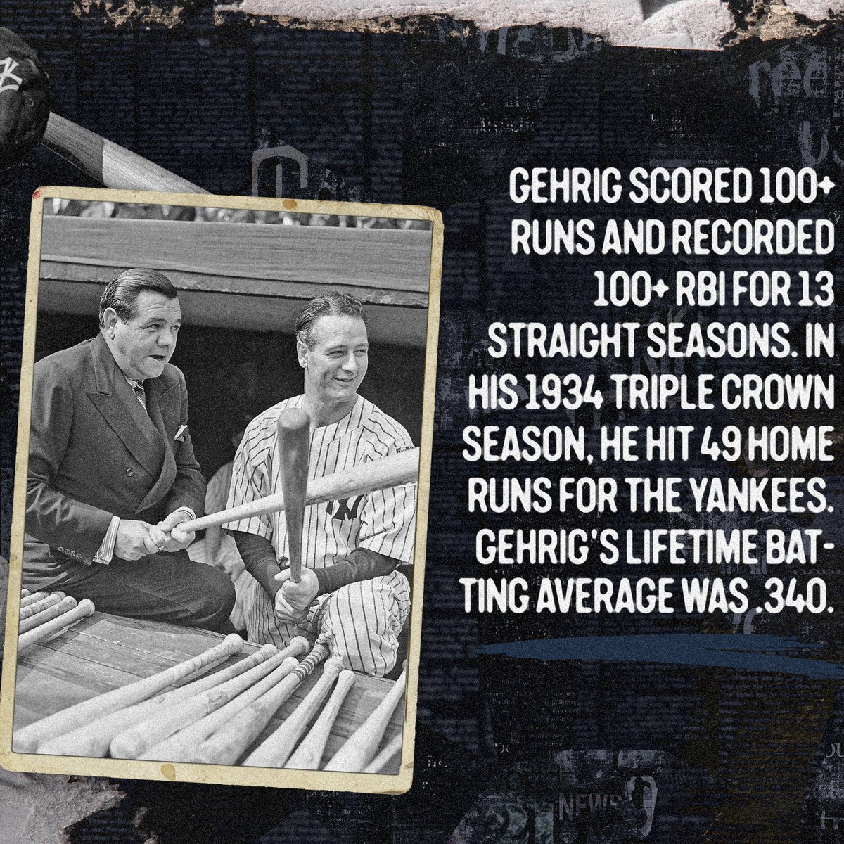MLB's tweet photo. Lou Gehrig was legendary on and off the field. #LouGehrigDay https://t.co/D2mhQG171k