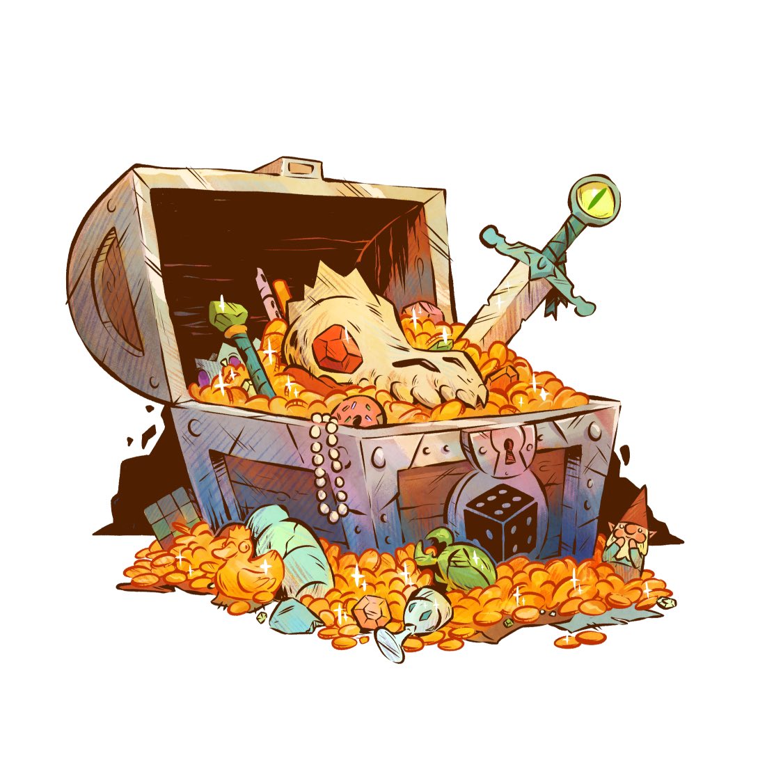 Frog Wizard was part of an optional image for the box front. Here’s the Treasure chest from the actual cover. Keeping up my “hide a garden gnome in every project” tradition.