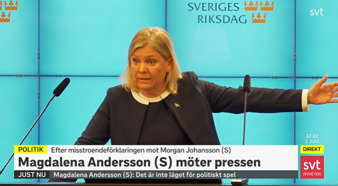 Magdalena Andersson säger att hon avgår om justitieministern Morgan Johansson fälls i en misstroendeomröstning: "Det pågår ett krig i vårt direkta närområde, att då skapa ett läge av politiskt oreda och osäkerhet – det är fullständigt oansvarigt."
svt.se/nyheter/inrike…