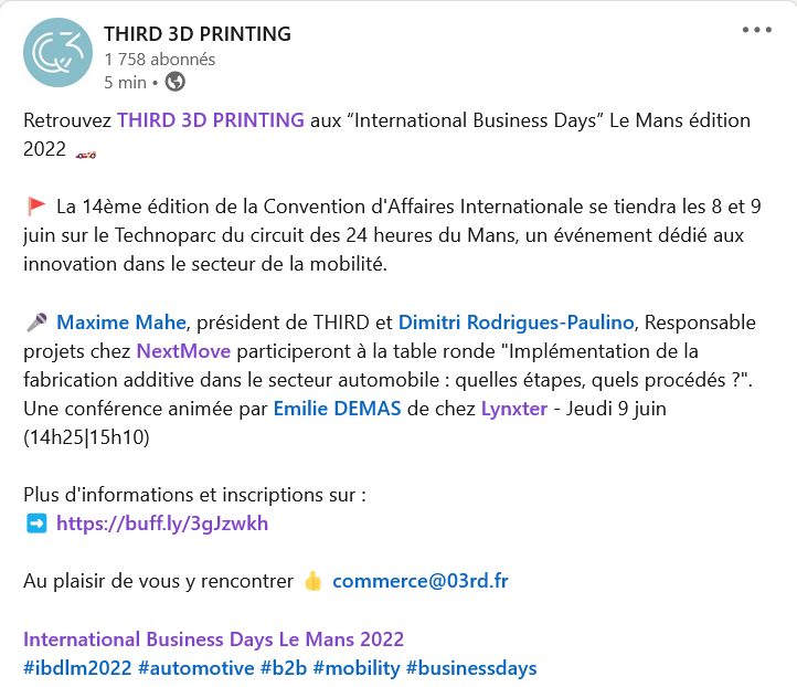 THIRD aux International Business Days Le Mans édition 2022🏎️
La Convention d'Affaires se tiendra les 8 et 9 juin sur le Technoparc du circuit des <a href="/24hoursoflemans/">24 Hours of Le Mans</a>, un événement dédié aux innovation dans le secteur de la mobilité #3Dprinting #Automobile #IBDLeMans