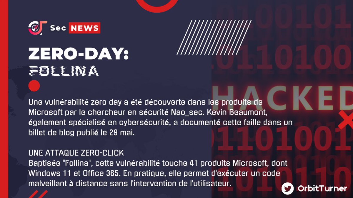 🚨🚨Big News 📰: Une vulnérabilité zeroday a été découverte dans les produits Microsoft.   UNE ATTAQUE ZEROCLICK Baptisée 'Follina', elle permet d'exécuter un code malveillant à distance sans intervention de l'utilisateur. @galsendev221 @cybervictimes @CyberSecDN @CYBERSEC221