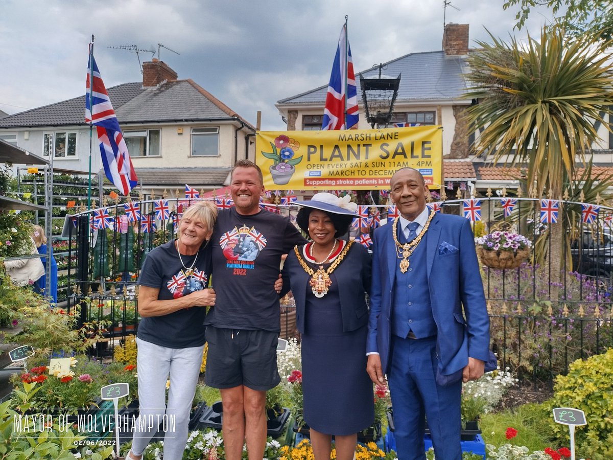 WolvesMayor's tweet photo. First engagement of the Jubilee weekend is at Marsh Lane, Fordhouses, where Anthony and his mom Sonia raise money through selling plants to go to the Stroke Cycle group who provide rehabilitation to stroke patients with tricycle rides around the park, great work by everyone https://t.co/npbDDbIjzJ